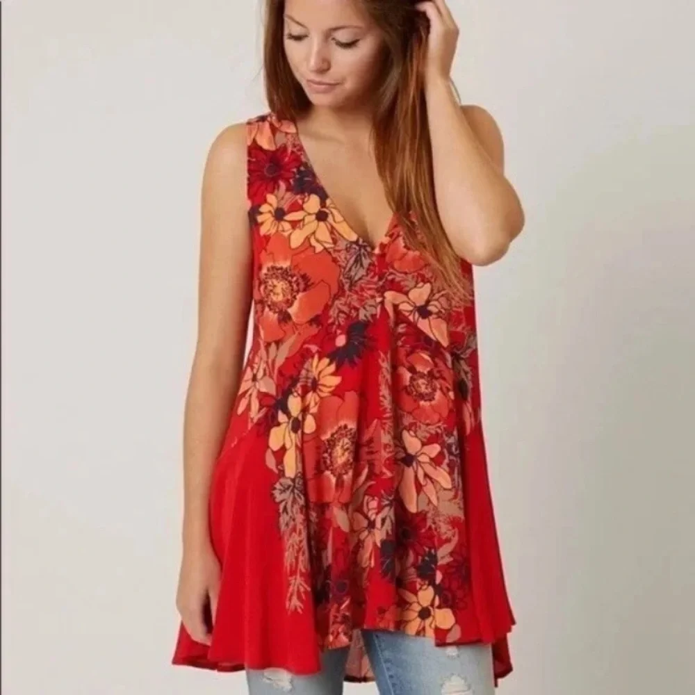 Free People Backyard Party Gauze Printed Tunic Red Floral Small